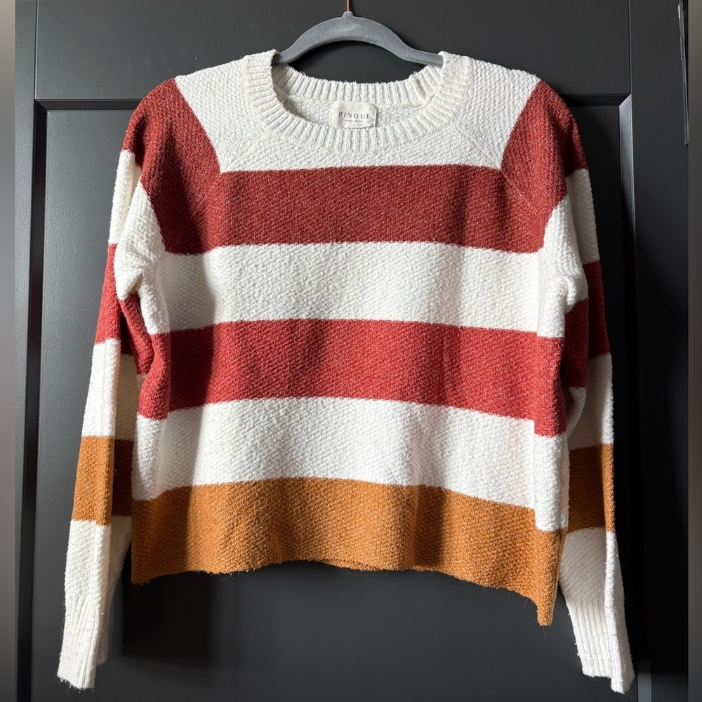 Cozy Striped Crew Neck Cropped Sweater - Rust, White, and Mustard